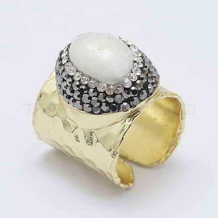 調整可能な白いシェルカフス指輪  ワイドバンドリング  真鍮パーツとポリマー粘土のラインストーン  サイズ6  ゴールドカラー  16mm RJEW-L079-J01-1