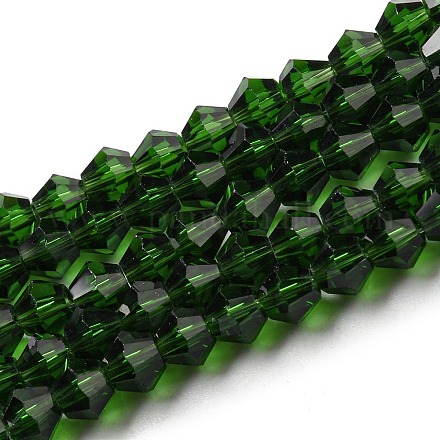 クリアガラスビーズ連売り  多面カット  双円錐形  濃い緑  4x4mm  穴：0.8mm  約87~98個/連  12.76~14.61インチ（32.4~37.1cm） GLAA-F029-4mm-25-1
