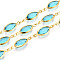 Brass Oval Link Chains, with Glass, Soldered, with Spool, Long-Lasting Plated, Golden, Dark Turquoise, 16.5x6x2~2.5mm, about 32.81 Feet(10m)/Roll