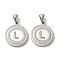 304 Stainless Steel Pendants, Flat Round Shell Charms with Letter, Stainless Steel Color, Letter L, 20.5x17.5x1.5mm, Hole: 2.5x4.5mm