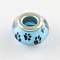 Large Hole Dog Paw Prints Pattern Resin European Beads, with Silver Color Plated Brass Double Cores, Rondelle, Sky Blue, 14x9~10mm, Hole: 5mm