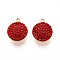 Ion Plating(IP) 201 Stainless Steel Charms, Flat Round, with Polymer Clay Rhinestone, Real 18K Gold Plated, Red, 13.5x11.5x5~6mm, Hole: 1.6mm