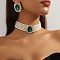 Oval Brass & Glass & Plastic Pearl Beaded Chain Collar & Stud Earrings Sets, Green, 280mm