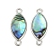Brass Pave Natural Paua Shell Connector Charms, Platinum, Horse Eye, 25.5x11x3mm, Hole: 2mm