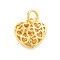 Brass Pendants, Hollow, Rack Plating, Long-Lasting Plated, Lead Free & Cadmium Free, with Jump Ring, Golden, Heart, 10.5x10.5x4.5mm