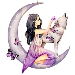 Ornements suspendus en acrylique en forme de lune avec loup et fille&nbsp;PW-WGE0FEB-01