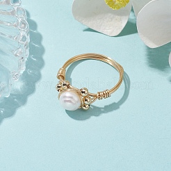 Кольца в виде круглых плетеных бусин из натурального жемчуга RJEW-JR00609