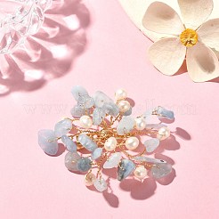 天然アクアマリンチップとパールビーズの花のブローチピン  女性用ゴールデン 304 ステンレス ワイヤーラップ ラペルピン  45~55x55~60x10mm&nbsp;JEWB-BR00098-04