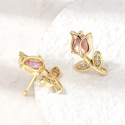 真鍮製マイクロパヴェキュービックジルコニアスタッドピアス  花  鉛フリー＆カドミウムフリー  ラックめっき  長持ちメッキ  18KGP本金メッキ  15x9mm&nbsp;KK-CBA8324-19G-02