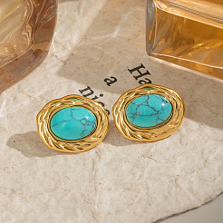 Серьги-гвоздики овальной формы из нержавеющей стали с синтетической бирюзой RJ5087