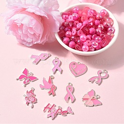 Anhänger aus Emaillelegierung mit rosa Schleife zum Thema Brustkrebs und Perlen aus Acryl und Polymer-Ton zum Finden von Kits&nbsp;DIY-YW0016-34