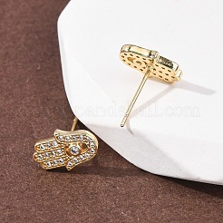 Серьги-гвоздики из латуни с микропаве из прозрачного кубического циркония в стиле хамса&nbsp;EJEW-H178-07G