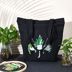 プランター模様DIY刺繍初心者キット  模造竹刺繍フープを含む  鉄針  トートバッグ  綿のカラフルな刺繡糸  ブラック  630mm&nbsp;DIY-WH304-248