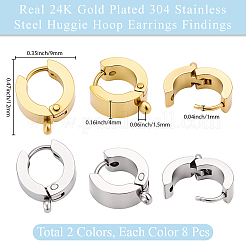 16個 2色 304ステンレススチール ハギーフープピアス金具  垂直ループ付き  リング  ゴールデン·ステンレス鋼色  12x9x4mm  穴：1.5mm  ピン：1mm  8個/カラー&nbsp;STAS-BBC0009-68B