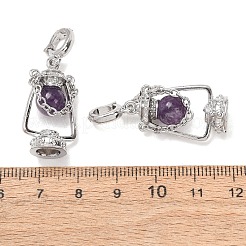 天然石アメジストペンダント  プラチナトーンの真鍮パーツ  ランプチャーム  36x15x9mm  穴：5x6mm&nbsp;GG-CBA0251-04P-10