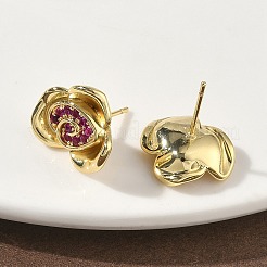 Серьги-гвоздики из латуни с микропаве из кубических цирконий в форме цветка розы&nbsp;EJEW-G452-08G-01