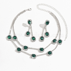 Rechteckige Messing-Strass-Doppelketten-Halskette und Ohrstecker-Sets&nbsp;FS-WG7C731-01
