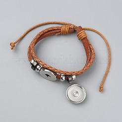 PUレザー編組三層多層ブレスレットパーツ  プラチナ合金交換可能なスナップリンクブレスレットセッティングアクセサリー女性用  ペルー  内径：2-1/4インチ（5.6cm）〜3-3/8インチ（8.5cm）&nbsp;DIY-WH0430-110A