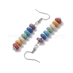 天然溶岩ロックダングルピアス  真鍮製のピアスフック付き  フラットラウンド  カラフル  プラチナ  62x8mm&nbsp;EJEW-TA00536-02