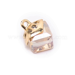 ガラスチャーム  合金のパーツと  キューブ  金色の石英  15x10x10mm  穴：1.6mm&nbsp;GLAA-SZC0004-02F