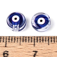 プリントされた透明アクリルビーズ  ナザールボンジュウ付きフラットラウンド  ダークブルー  7x4mm  穴：1.8mm&nbsp;TACR-T030-22B