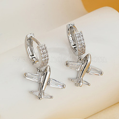 Серьги-кольца в форме самолета из латуни с прозрачным кубическим цирконием HG3511-2