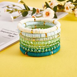 7 pièces 7 style fait à la main en argile polymère heishi surfeur ensemble de bracelets extensibles&nbsp;BJEW-SW00073-03