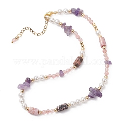 Женские ожерелья из круглого вишневого кварцевого стекла с натуральным аметистом и родонитом NJEW-JN05634