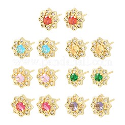 真鍮製 マイクロパヴェ キュービックジルコニア スタッドピアス 女性用  花  カドミウムフリー＆鉛フリー  長持ちメッキ  ラックめっき  18KGP本金メッキ  ミックスカラー  9.5x10.5mm&nbsp;KK-A305-03G