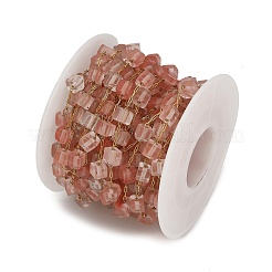Chaînes à maillons cubiques en acier inoxydable 304 faites à la main avec des perles de verre de quartz cerise&nbsp;CHS-B011-02G-03