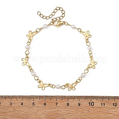 女性用304ステンレススチール＆シェルパールリンクブレスレット  蝶  18KGP本金メッキ  7.28インチ（18.5cm）&nbsp;BJEW-JB14096