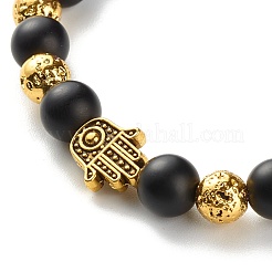 Set di bracciali elasticizzati in pietra lavica naturale e pietra nera sintetica ed ematite non magnetica con perline rotonde&nbsp;BJEW-JB06971