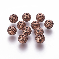 Perles en alliage de zinc de style tibétain, rond texturé, Sans cadmium & sans nickel & sans plomb, cuivre rouge, 8mm, Trou: 1mm