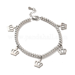 304 Stainless Steel Crown Charm Bracelet with 201 Stainless Steel Round Beads for Women, Stainless Steel Color, 8-5/8 inch(22cm)