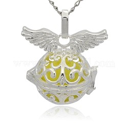 Silver Color Plated Brass Cage Pendants, Hollow Round with Wing, with No Hole Spray Painted Brass Round Ball Beads, Champagne Yellow, 31x30x21mm, Hole: 3x8mm