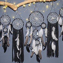 5Pcs 5 Style Indian Style Macrame Wall Hanging, Iron Woven Web/Net with Feather Pendant Decorations, Black, 540~820mm, 1pc/style