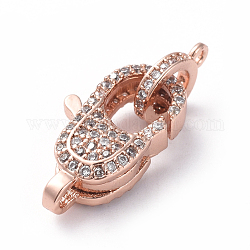 Brass Micro Pave Cubic Zirconia Lobster Claw Clasps, with Bail Beads/Tube Bails, Clear, Real Rose Gold Plated, 19x10.5x6mm, Hole: 1.2mm