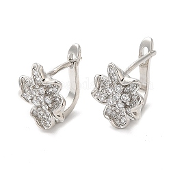 Clear Cubic Zirconia Flower Hoop Earrings, Brass Earrings, Real Platinum Plated, 14x13x12mm