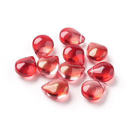 Perles en verre transparentes, avec de la poudre de paillettes, teints et chauffée, larme, rouge, 12x9x6mm, Trou: 1mm