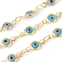 3.28 Feet Handmade Evil Eye Lampwork Link Chains, Soldered, with Brass Findings, Long-Lasting Plated, Flat Round, Golden, Sky Blue, 10x4.5x2mm, Hole: 1.5mm