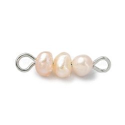Ciondoli connettore perla d'acqua dolce coltivata naturale, collegamenti di patate, con doppi anelli in ottone placcato color acciaio inossidabile, peachpuff, 18x4.5x4.5mm, Foro: 1.8 mm e 2 mm