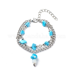 Bracelet multi-brins à double ligne de perles en turquoise synthétique (teint), bracelet en pierres précieuses avec breloque champignon au chalumeau pour femme, platine, 6-3/8 pouce (16.3 cm)