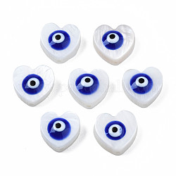 Perles de coquillages naturels d'eau douce, avec l'émail, coeur avec le mauvais œil, bleu moyen, 9~10x9.5~11x4mm, Trou: 0.8mm