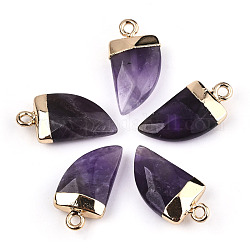 Natural Amethyst Pendants, Top Light Gold Plated, with Iron Loop, Scabbard, Faceted, 20x10.5x5mm, Hole: 1.8mm