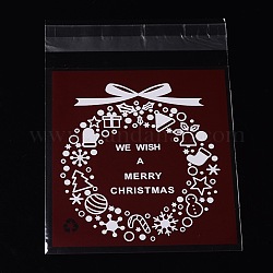 レクタングルクリスマスモチーフセロハンのOPP袋  花輪模様付き  暗赤色  14x9.9cm  一方的な厚さ：0.035mm  インナー対策：11x9.9のCM  約95~100個/袋