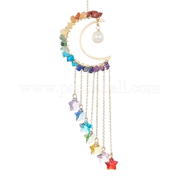 Décoration pendentif étoile en verre et perles naturelles, attrape-soleil suspendus, avec des copeaux de laiton et de pierres précieuses et des chaînes forçat, colorées, 230x44~45 mm.