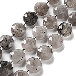 Chapelets de perles en quartz rutile noir naturel, avec des perles de rocaille, coupe hexagonale facettée, plat rond, 12~12.5x5~6mm, Trou: 1.2~1.4mm, Environ 27~29 pcs/chapelet, 15.55~15.75 pouce (39.5~40 cm)