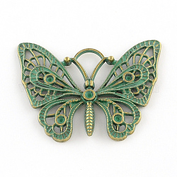 Бабочки сплава цинка подвески, без кадмия, без никеля и без свинца, античная бронза и зеленая патина, 36x48x3 мм, отверстие : 8 мм