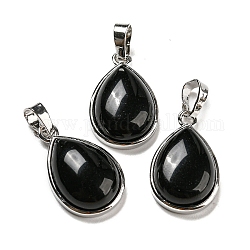 Pendentifs en obsidienne naturelle, Breloques en forme de larme avec fermoirs en laiton plaqué platine, 24x15x7.5mm, Trou: 4x8mm