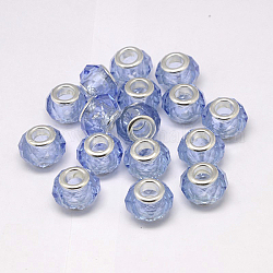 Glass European Beads, Large Hole Beads, with Brass Double Cores, Faceted, Rondelle, Light Blue, 14x10mm